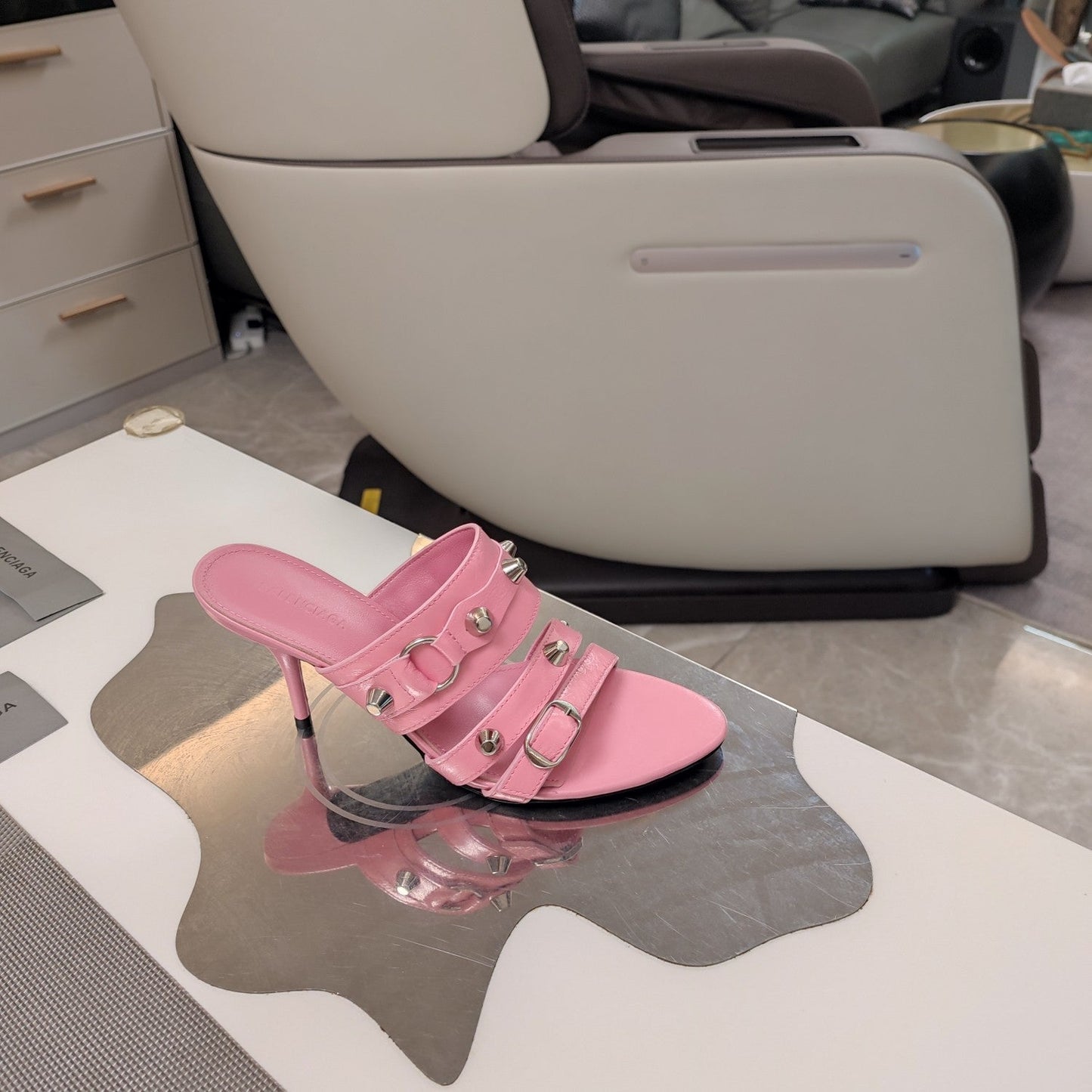 Balanciaga STRAPPY HIGH-HEELED SANDALS IN WEWAK PINK STUDDED WAX-OIL SHEEPSKIN