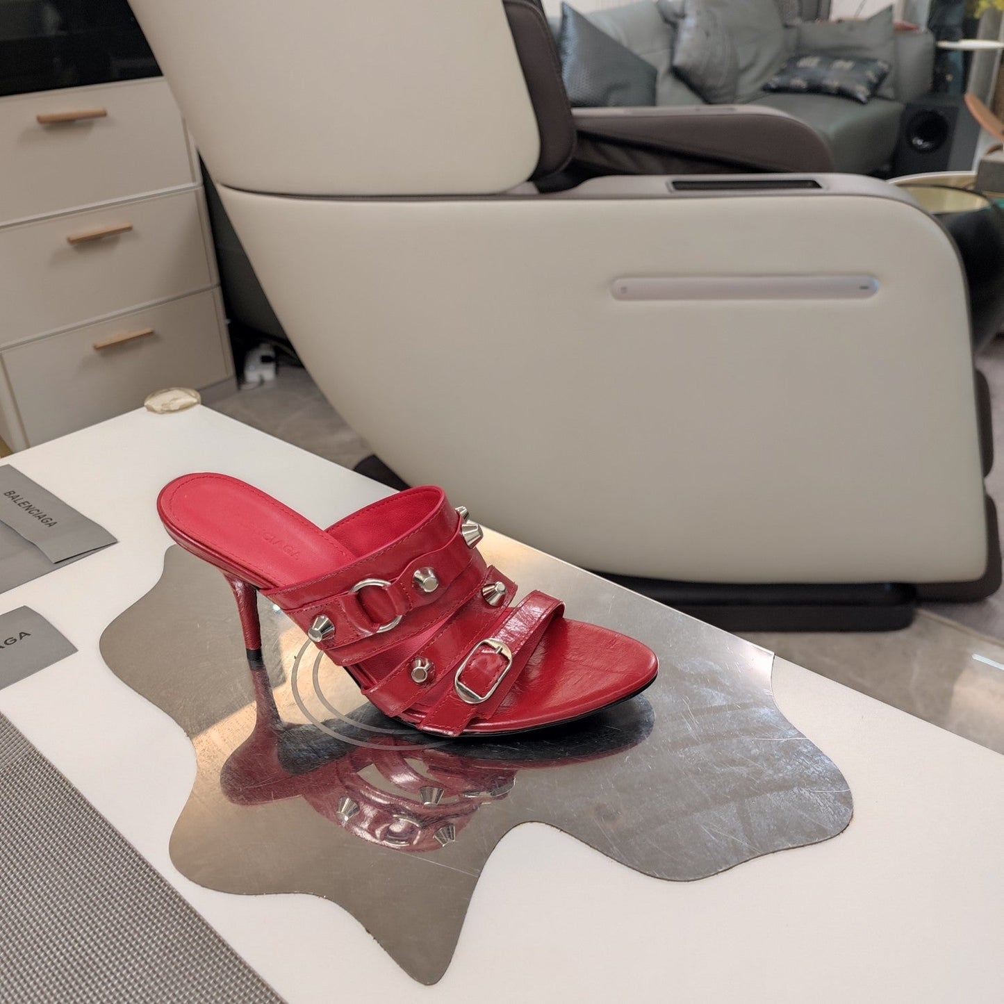 Balanciaga STRAPPY HIGH-HEELED SANDALS IN RED STUDDED WAX-OIL SHEEPSKIN