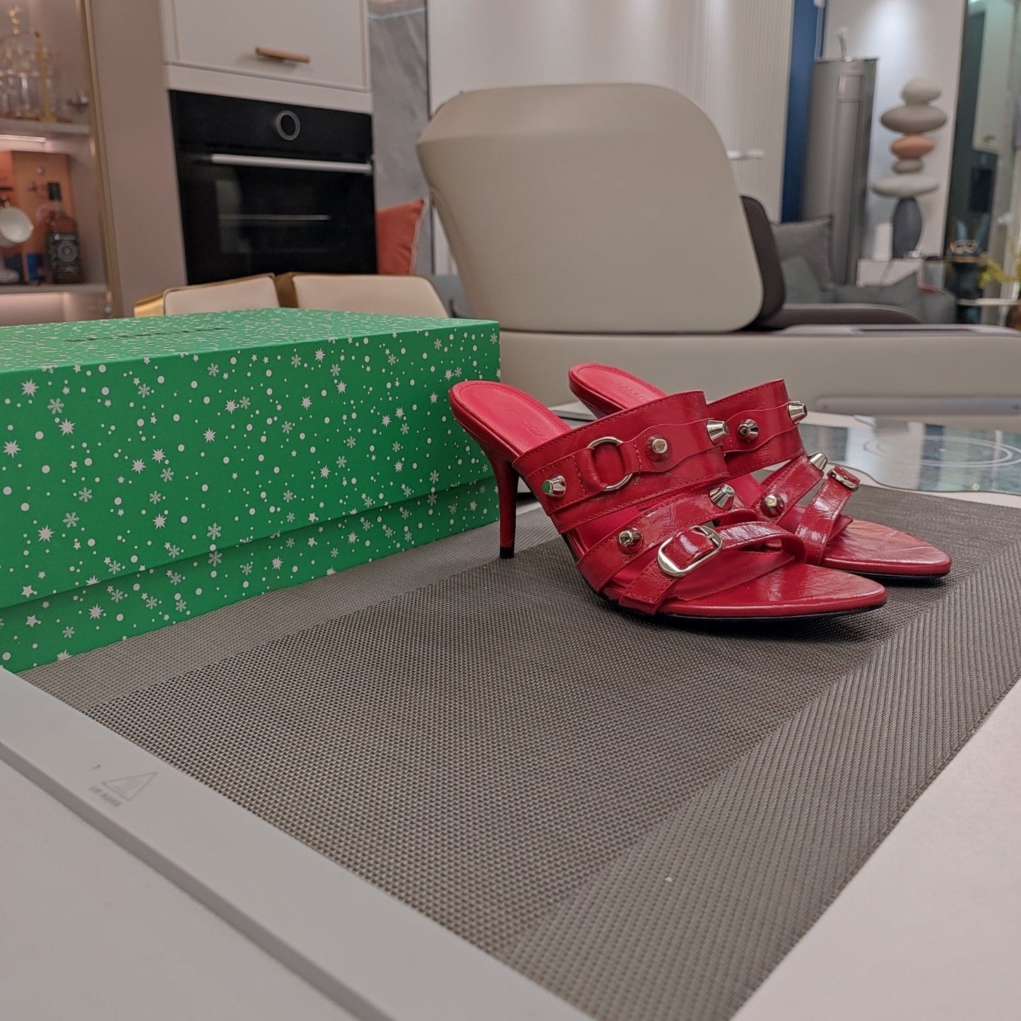 Balanciaga STRAPPY HIGH-HEELED SANDALS IN RED STUDDED WAX-OIL SHEEPSKIN