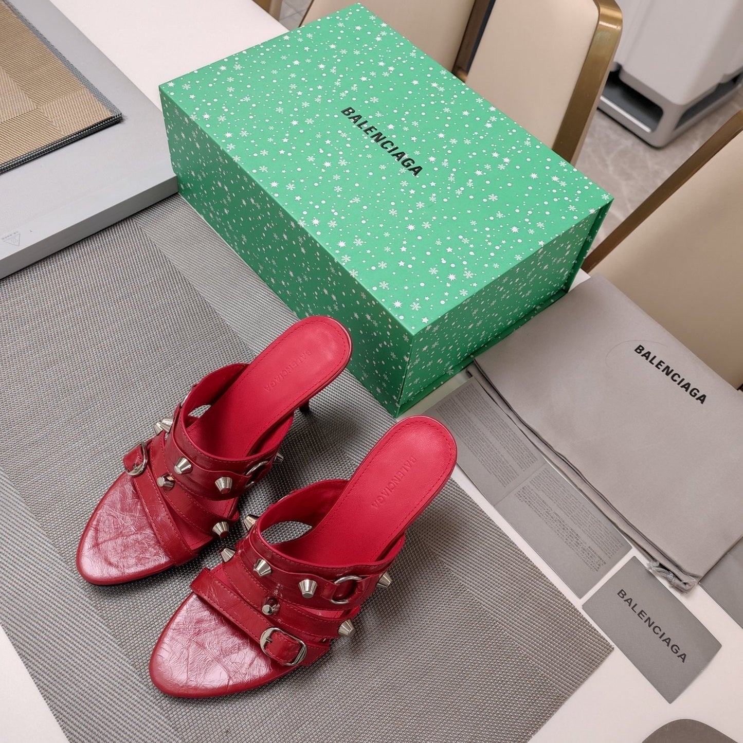 Balanciaga STRAPPY HIGH-HEELED SANDALS IN RED STUDDED WAX-OIL SHEEPSKIN
