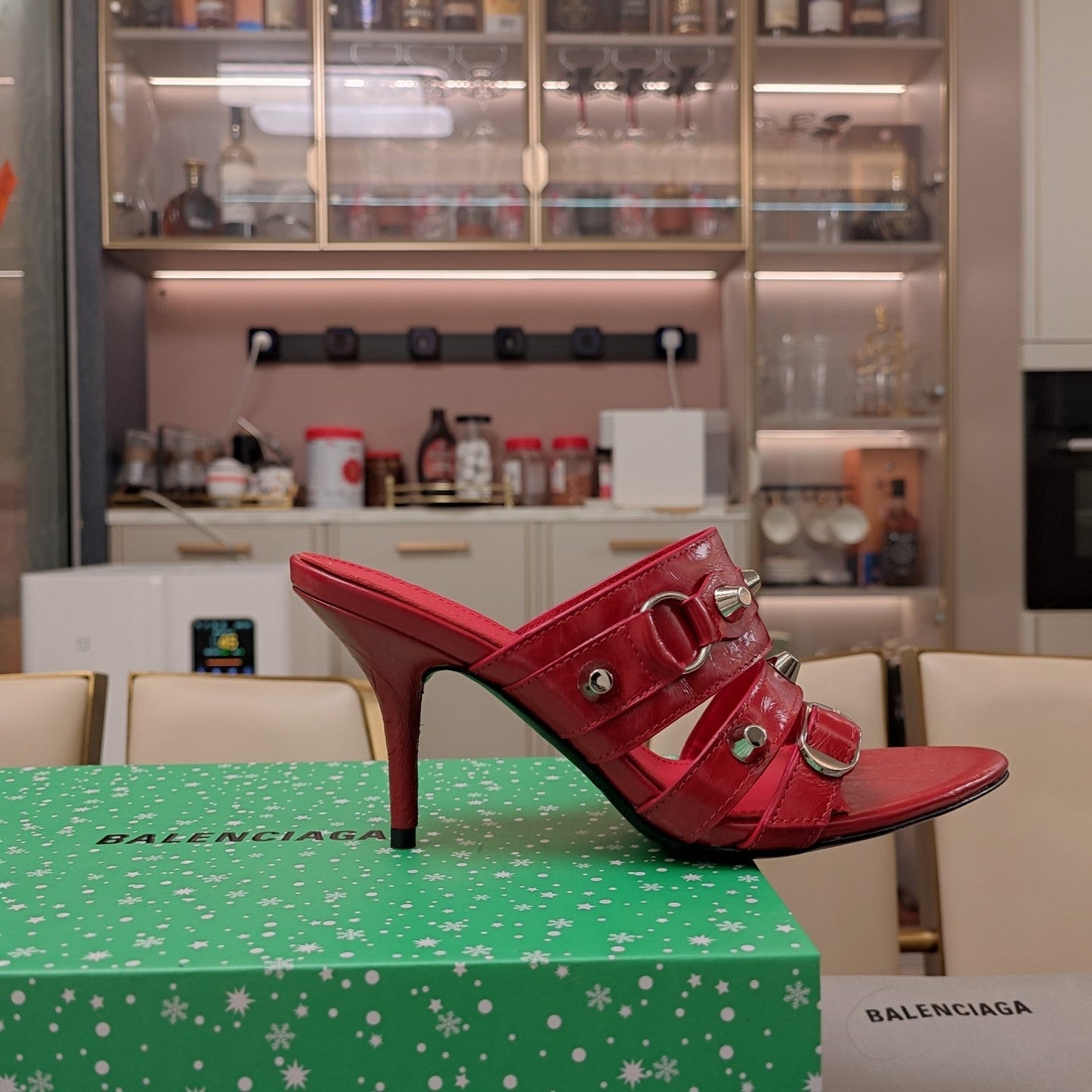 Balanciaga STRAPPY HIGH-HEELED SANDALS IN RED STUDDED WAX-OIL SHEEPSKIN