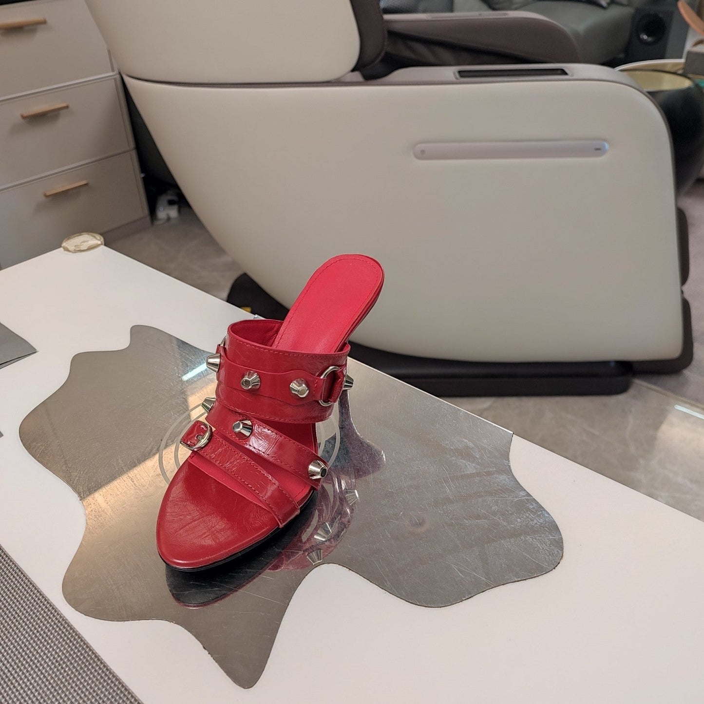 Balanciaga STRAPPY HIGH-HEELED SANDALS IN RED STUDDED WAX-OIL SHEEPSKIN