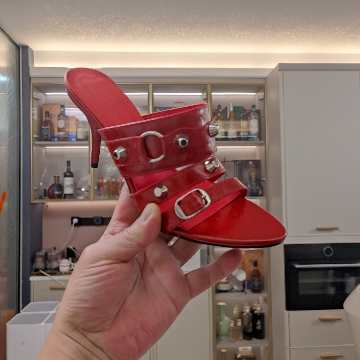 Balanciaga STRAPPY HIGH-HEELED SANDALS IN RED STUDDED WAX-OIL SHEEPSKIN