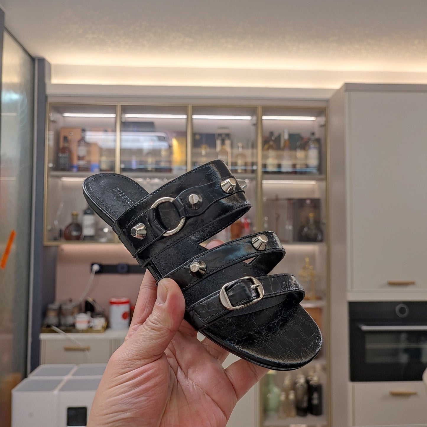 Balanciaga STRAPPY FLAT SANDALS IN BLACK STUDDED WAX-OIL SHEEPSKIN