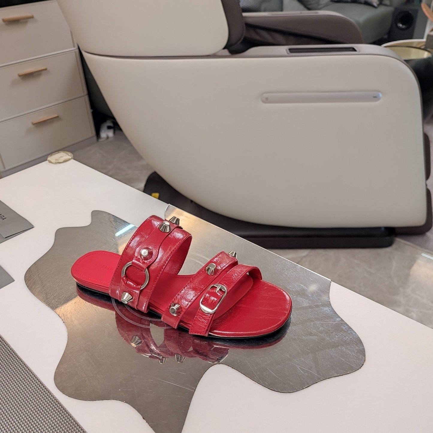 Balanciaga STRAPPY FLAT SANDALS IN RED STUDDED WAX-OIL SHEEPSKIN