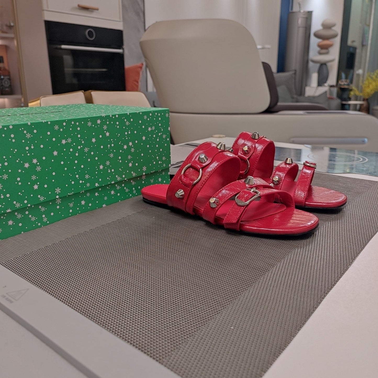 Balanciaga STRAPPY FLAT SANDALS IN RED STUDDED WAX-OIL SHEEPSKIN