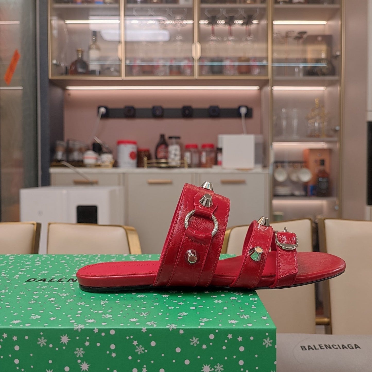 Balanciaga STRAPPY FLAT SANDALS IN RED STUDDED WAX-OIL SHEEPSKIN