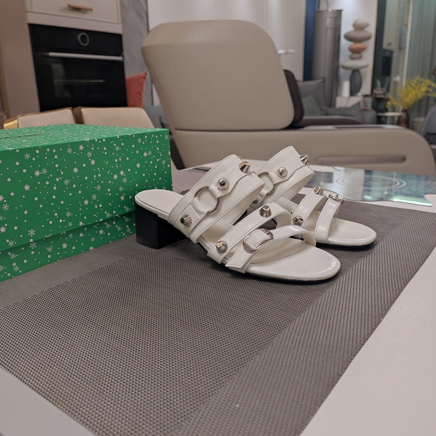 Balanciaga STRAPPY MEDIUM HEELED SANDALS IN WHITE STUDDED WAX-OIL SHEEPSKIN
