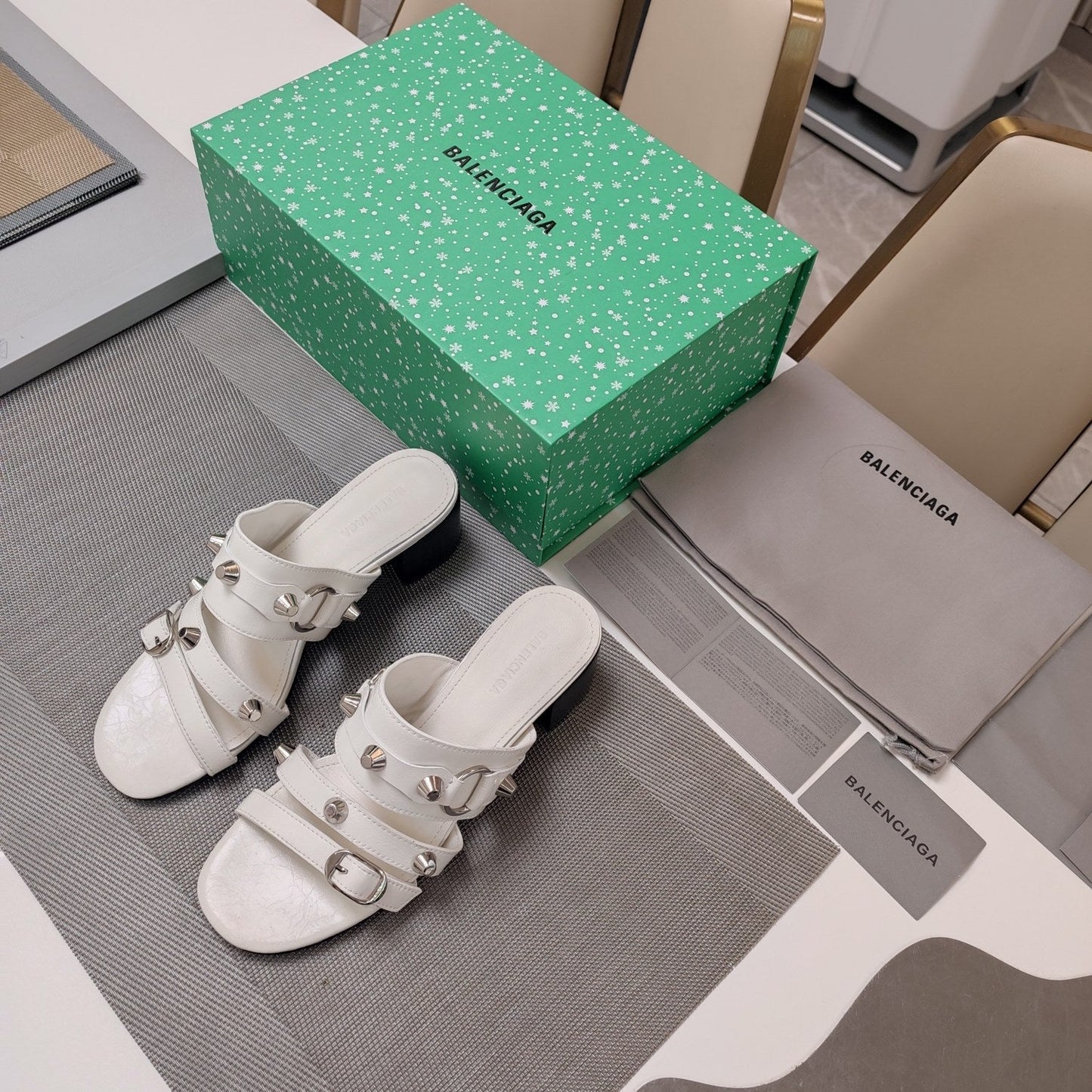 Balanciaga STRAPPY MEDIUM HEELED SANDALS IN WHITE STUDDED WAX-OIL SHEEPSKIN