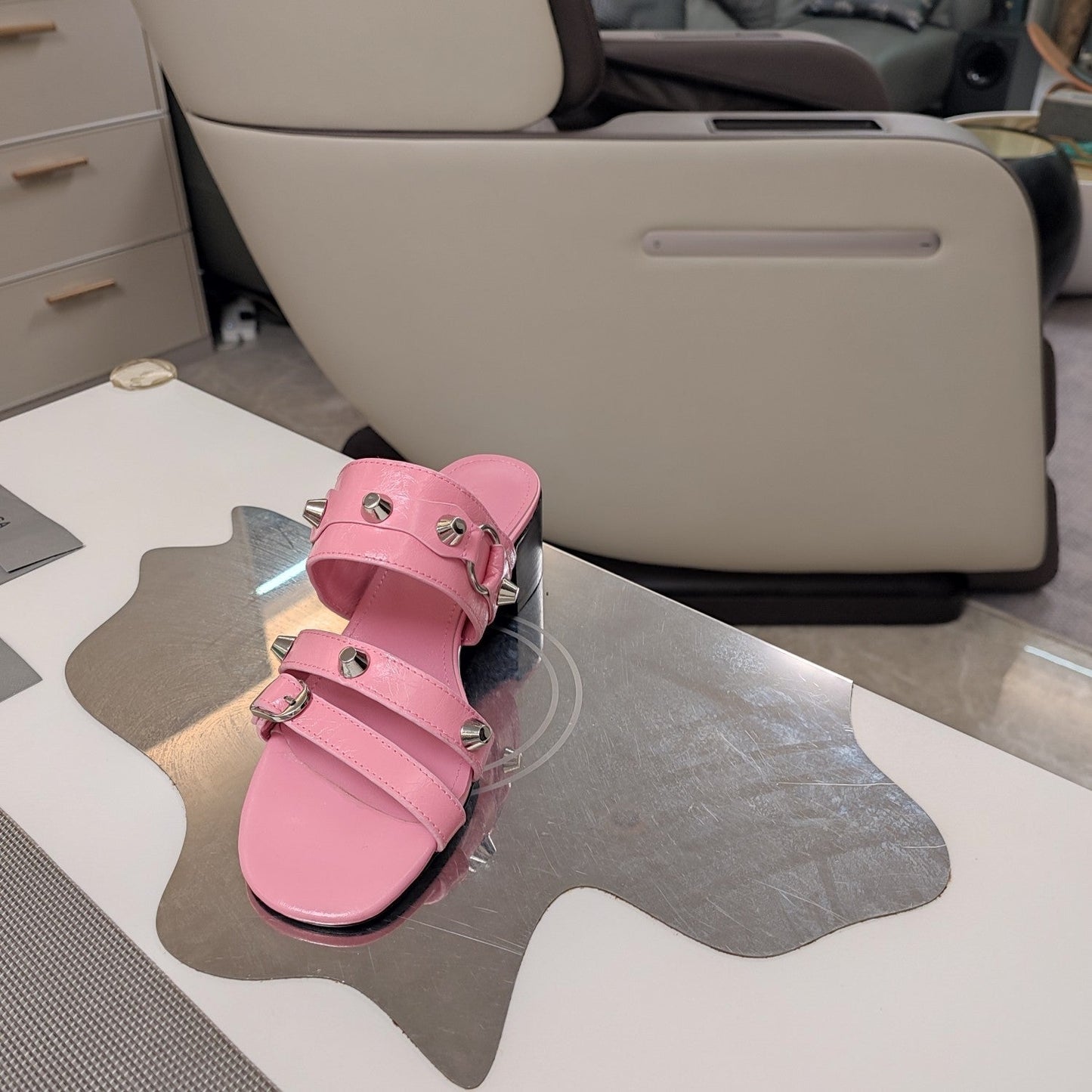 Balanciaga STRAPPY MEDIUM HEELED SANDALS IN WEWAK PINK STUDDED WAX-OIL SHEEPSKIN