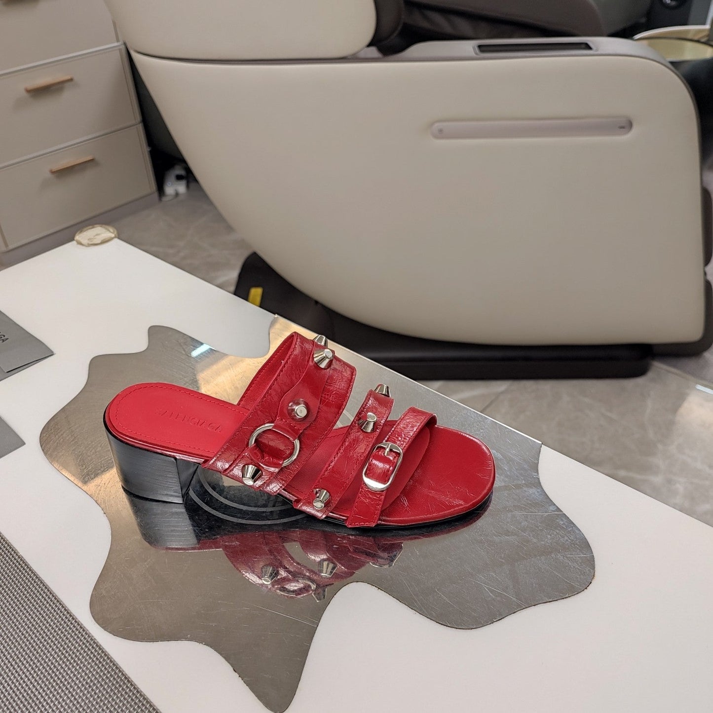 Balanciaga STRAPPY MEDIUM HEELED SANDALS IN RED STUDDED WAX-OIL SHEEPSKIN