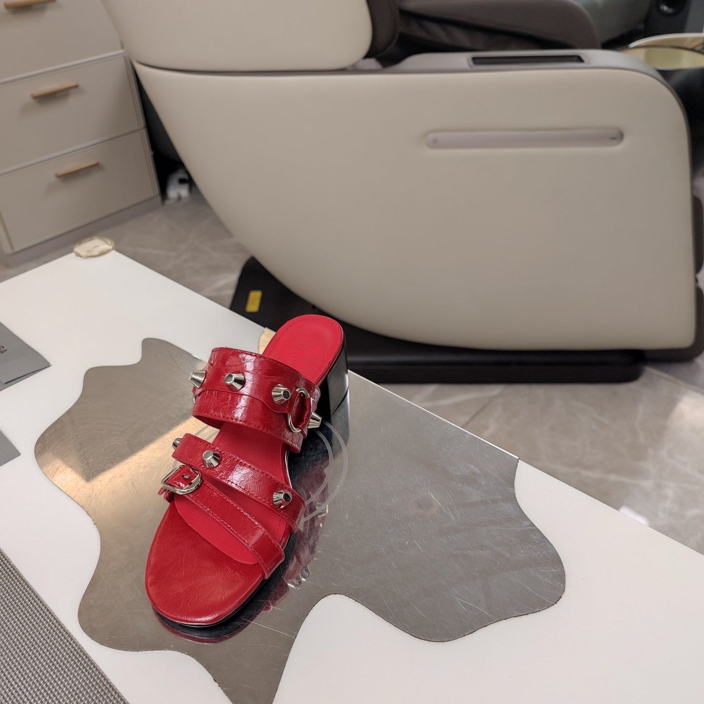 Balanciaga STRAPPY MEDIUM HEELED SANDALS IN RED STUDDED WAX-OIL SHEEPSKIN