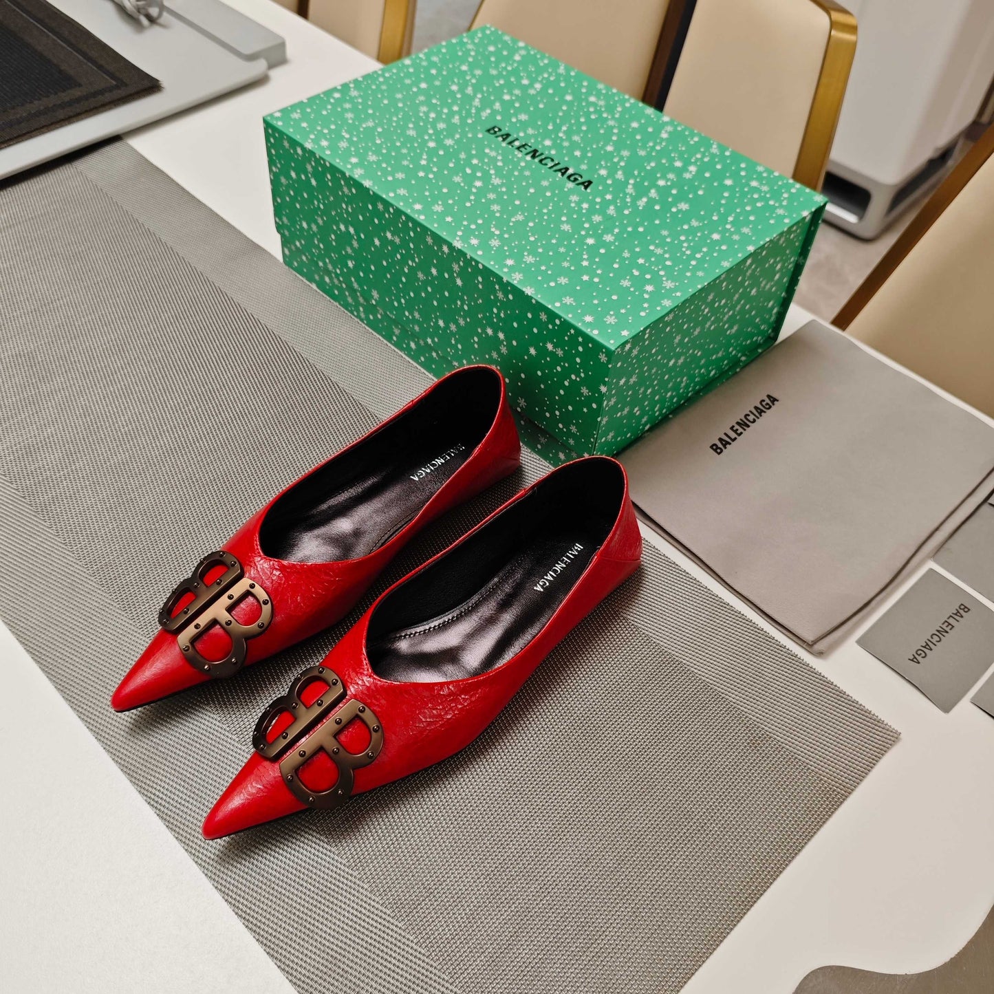 Balanciaga POINTED BALLET FLATS IN RED SHINY CRACKED SHEEPSKIN