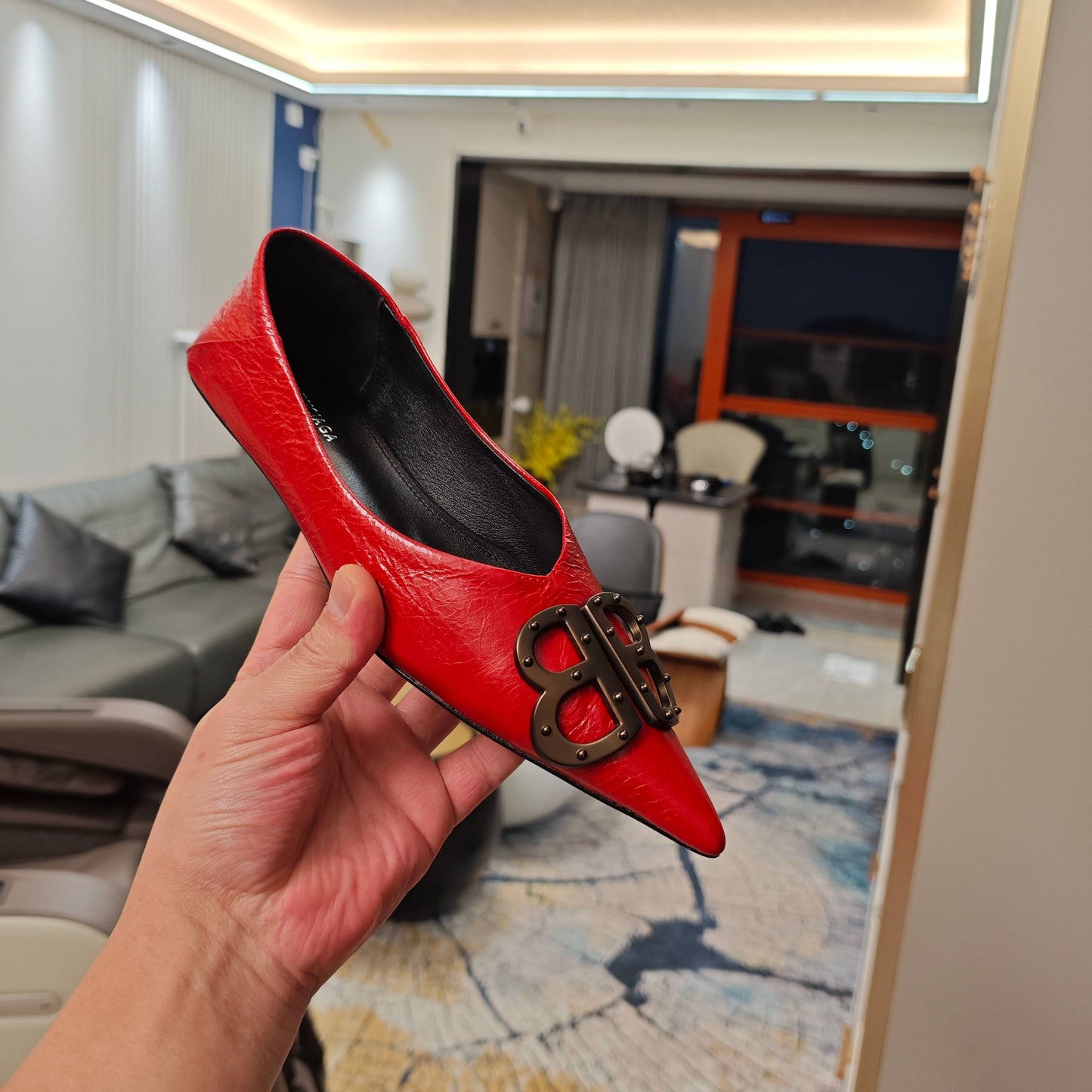 Balanciaga POINTED BALLET FLATS IN RED SHINY CRACKED SHEEPSKIN