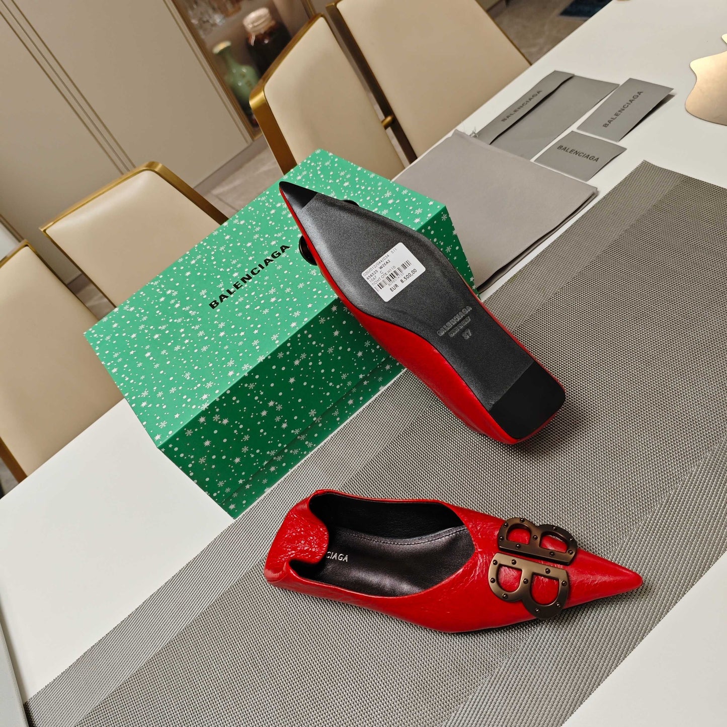 Balanciaga POINTED BALLET FLATS IN RED SHINY CRACKED SHEEPSKIN