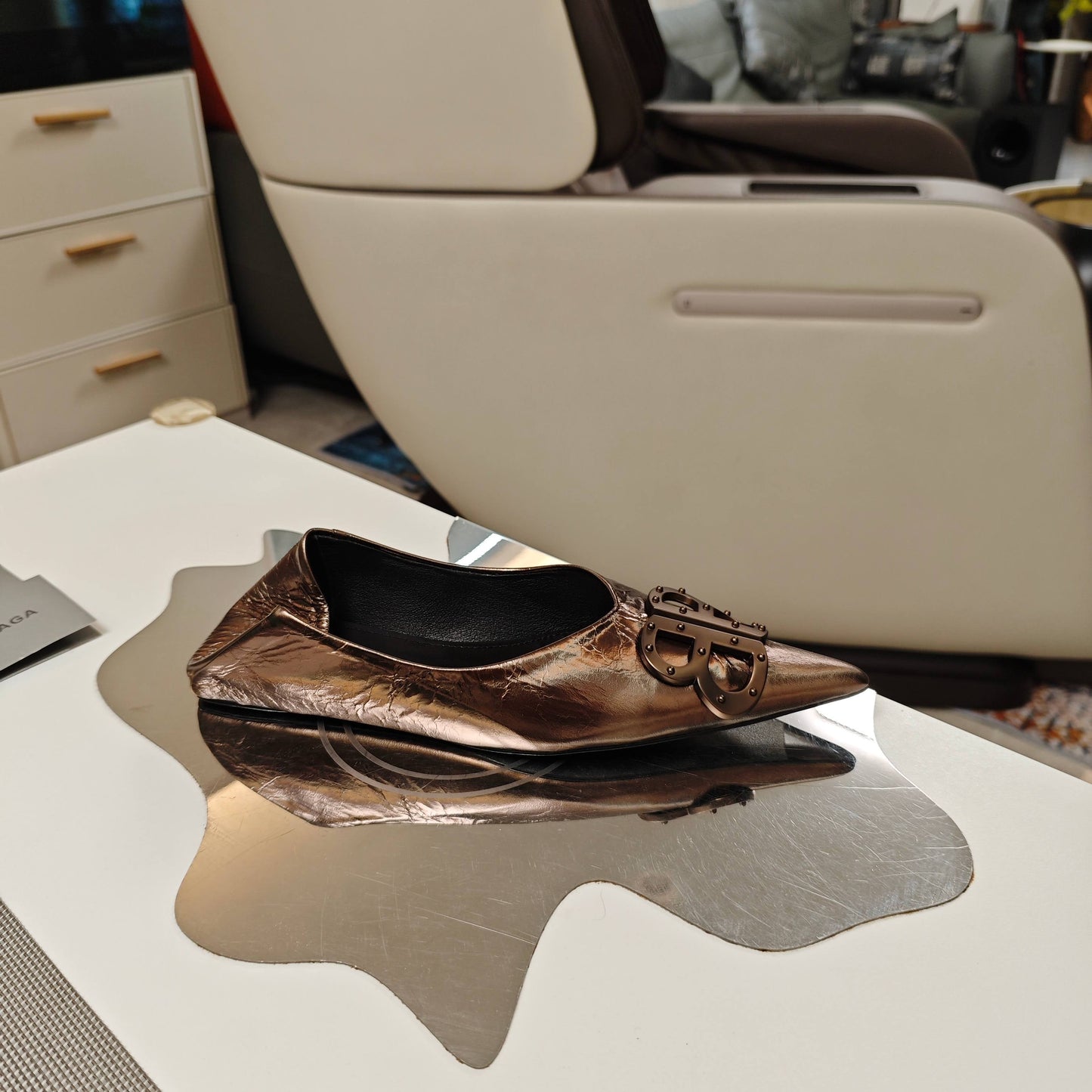 Balanciaga POINTED BALLET FLATS IN CHOCOLATE SHINY CRACKED SHEEPSKIN