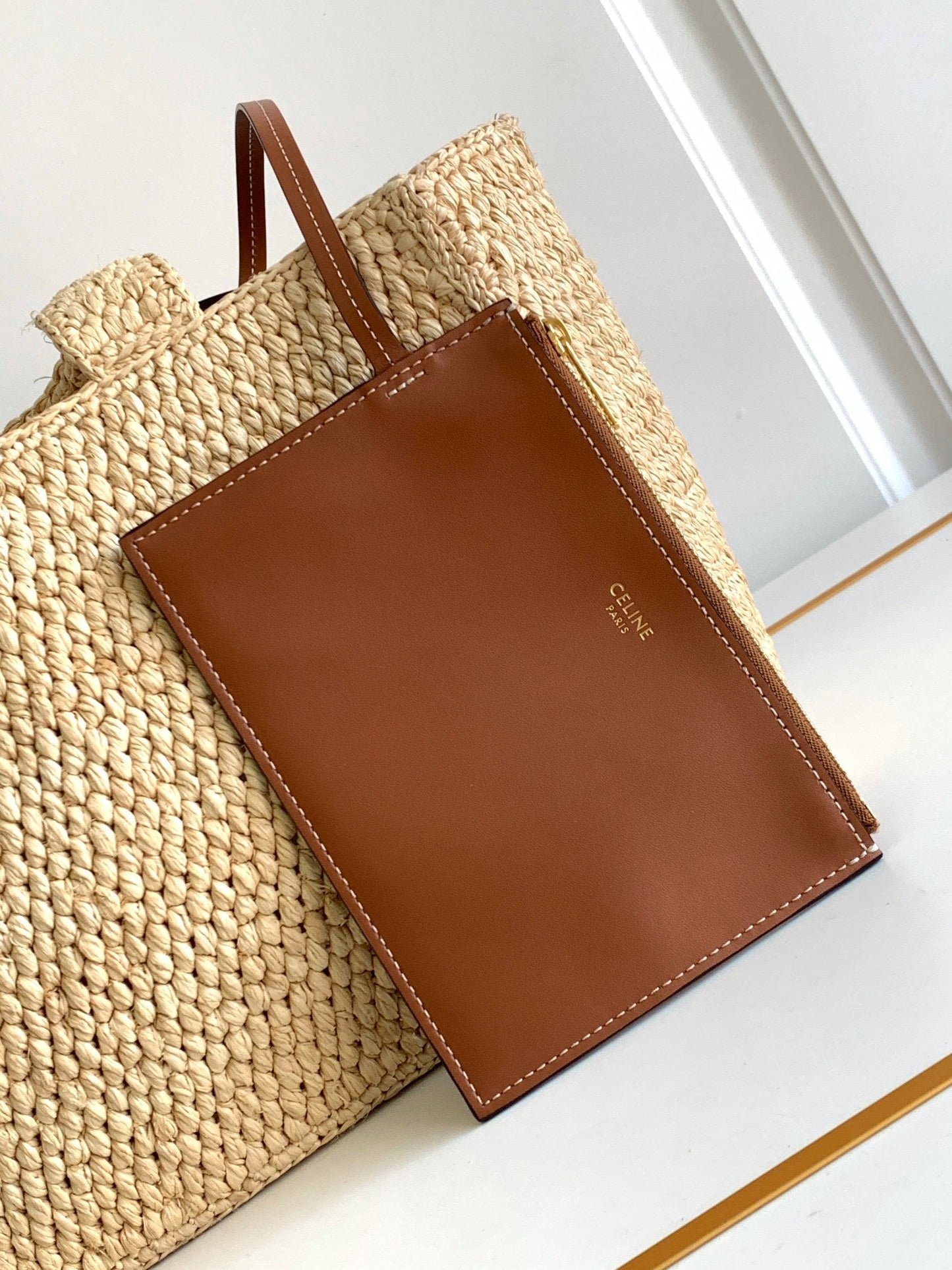 Celine small cabas thais 27cm raffia brown calfskin