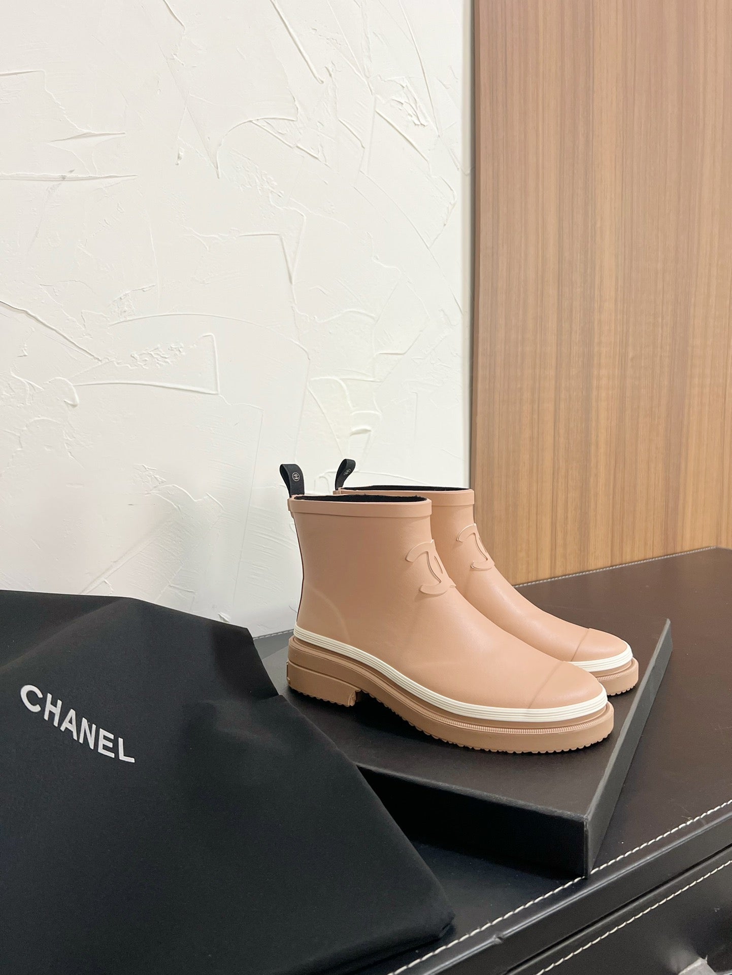 CHANEL Ankle Boots Dark Beige Natural Rubber 949631
