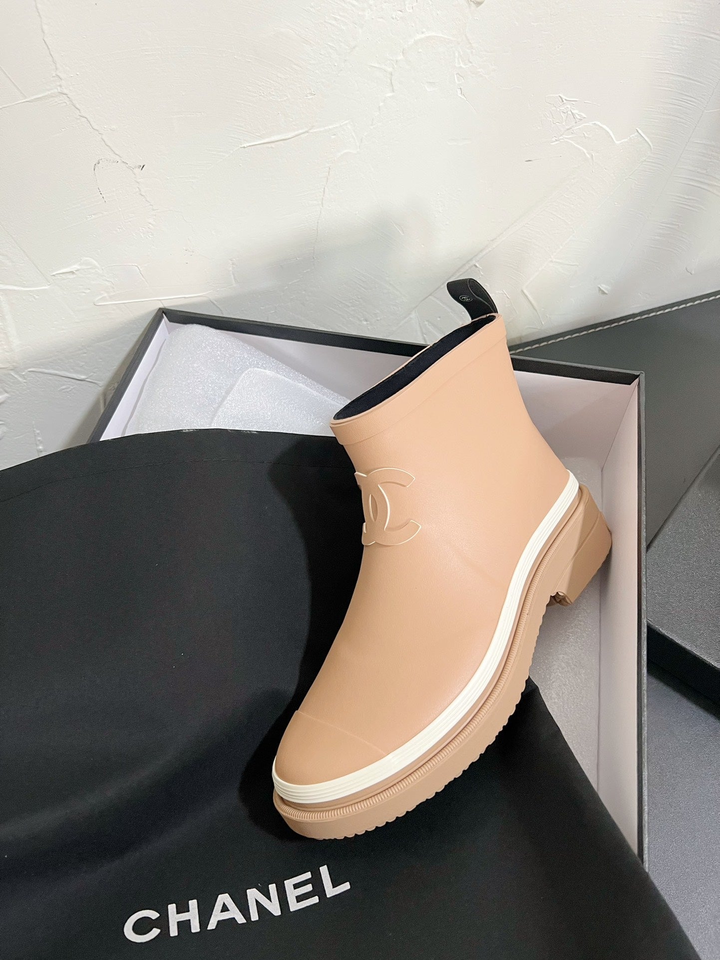 CHANEL Ankle Boots Dark Beige Natural Rubber 949631