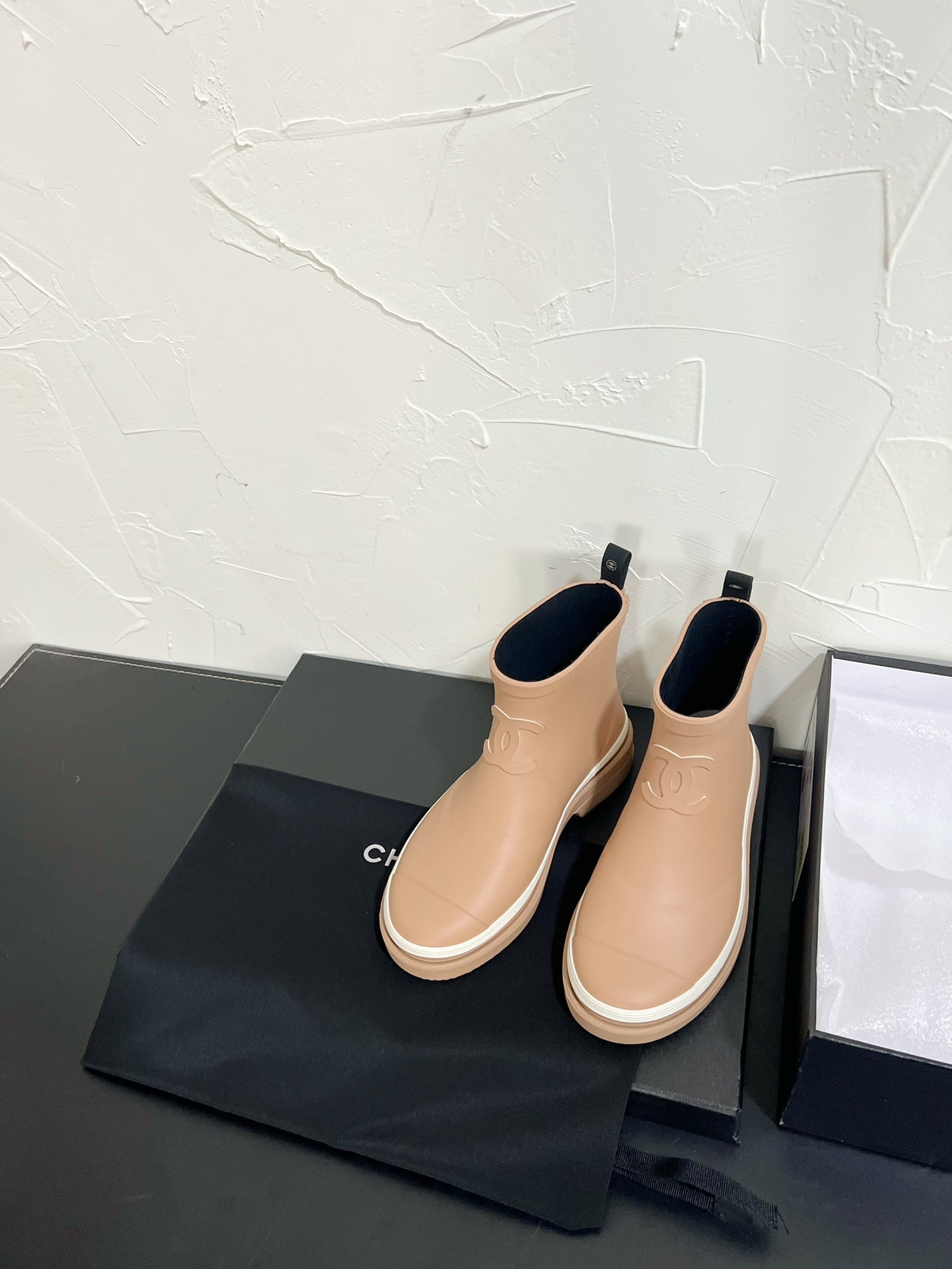 CHANEL Ankle Boots Dark Beige Natural Rubber 949631