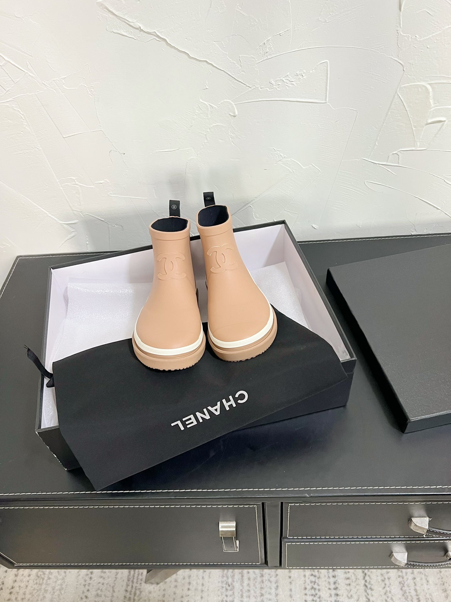 CHANEL Ankle Boots Dark Beige Natural Rubber 949631