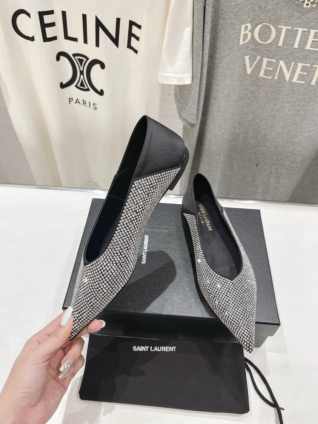 Saint Laurent SL NOUR LEOPARD POINT TOE BALLET BLACK CRYSTAL SATIN