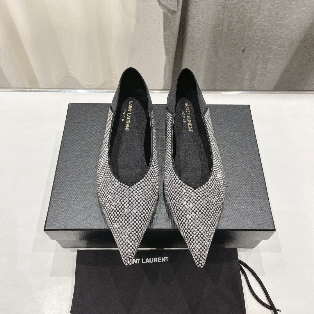 Saint Laurent SL NOUR LEOPARD POINT TOE BALLET BLACK CRYSTAL SATIN