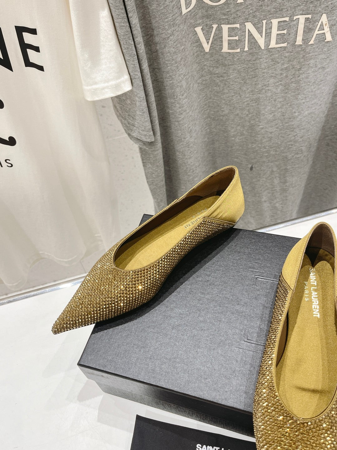 Saint Laurent SL NOUR LEOPARD POINT TOE BALLET MUSTARD CRYSTAL SATIN