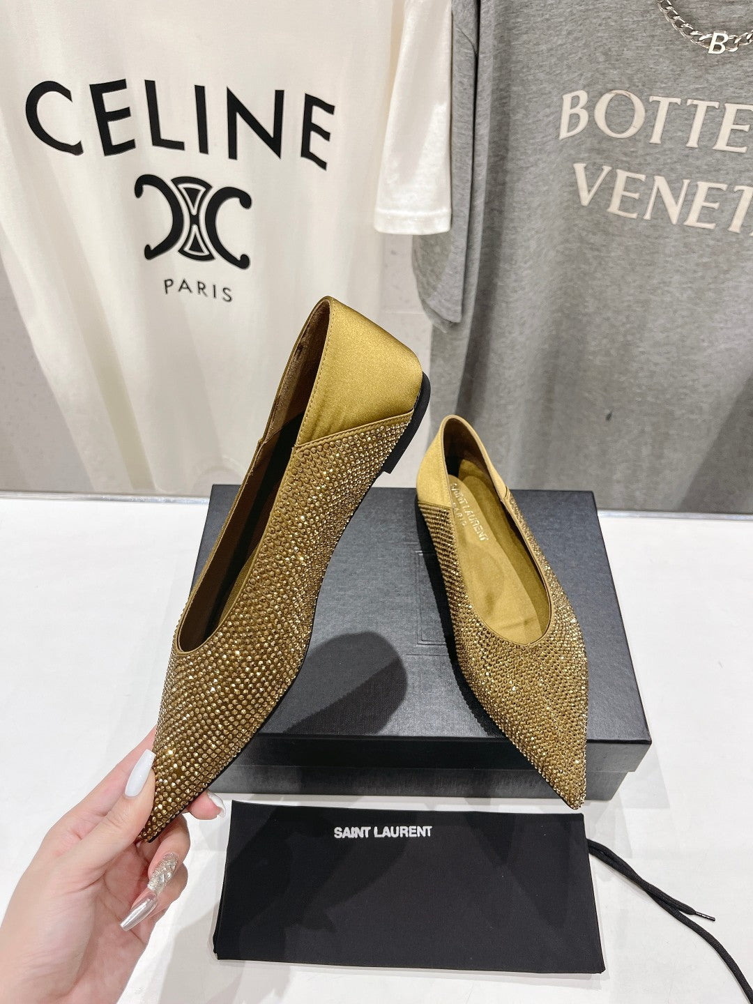 Saint Laurent SL NOUR LEOPARD POINT TOE BALLET MUSTARD CRYSTAL SATIN