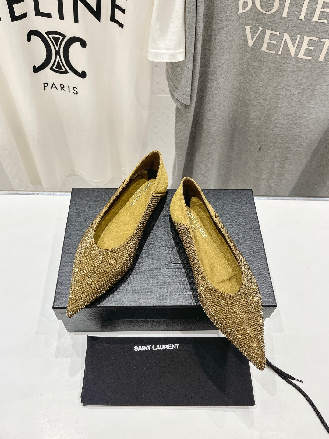 Saint Laurent SL NOUR LEOPARD POINT TOE BALLET MUSTARD CRYSTAL SATIN