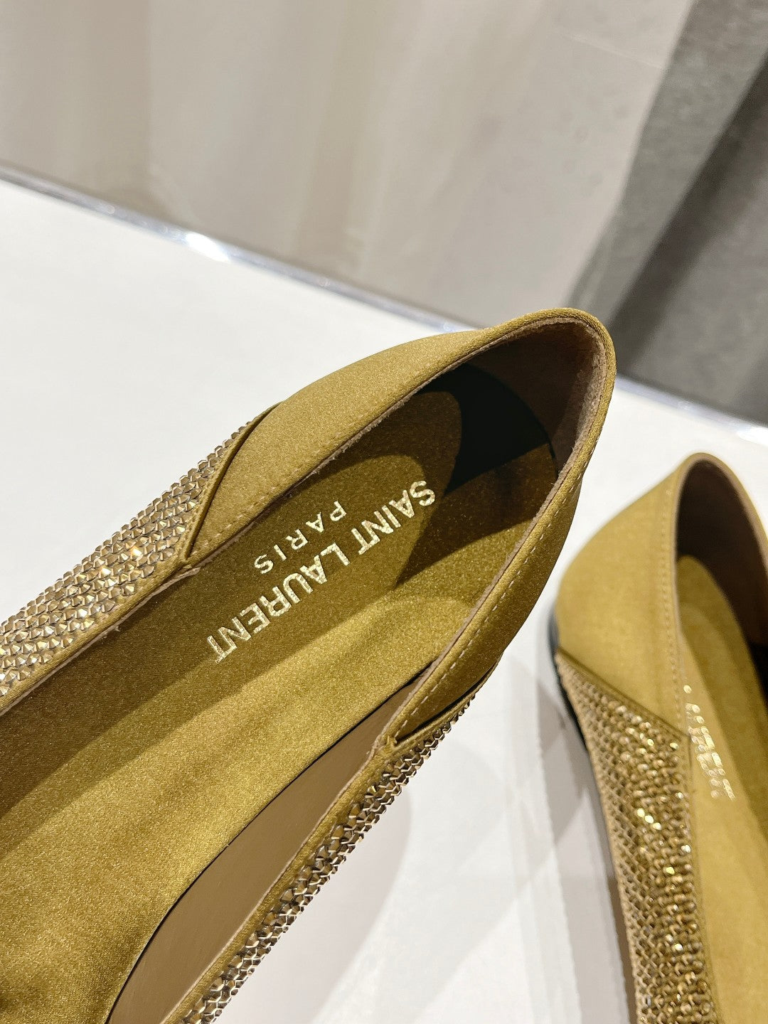 Saint Laurent SL NOUR LEOPARD POINT TOE BALLET MUSTARD CRYSTAL SATIN