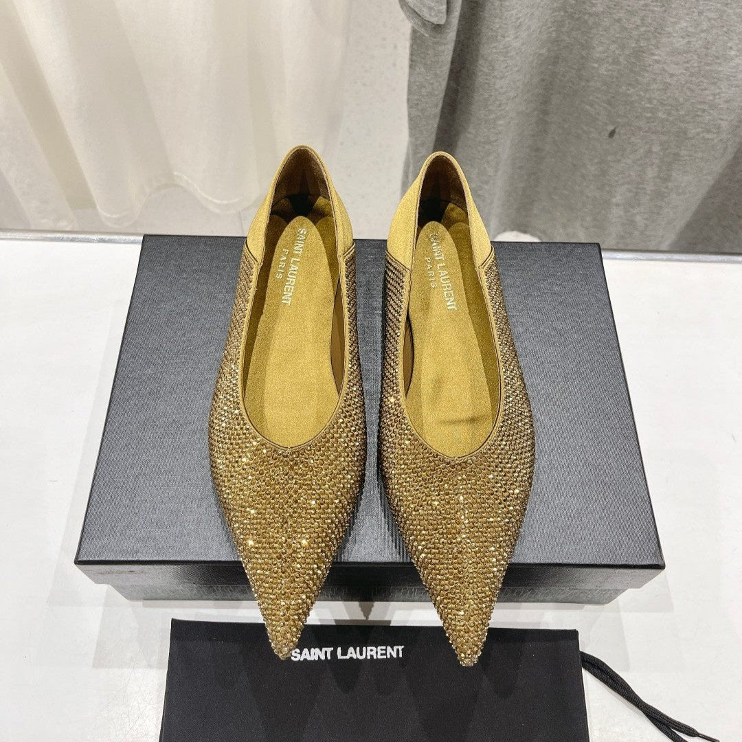 Saint Laurent SL NOUR LEOPARD POINT TOE BALLET MUSTARD CRYSTAL SATIN
