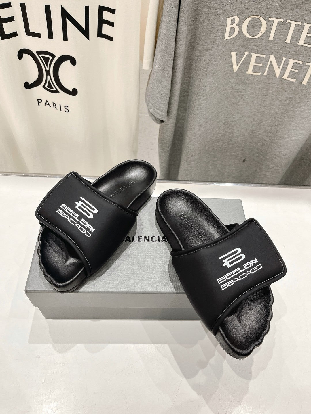 Balanciaga SLIDE SANDALS IN BLACK NYLON AND RUBBER WHITE PRINT