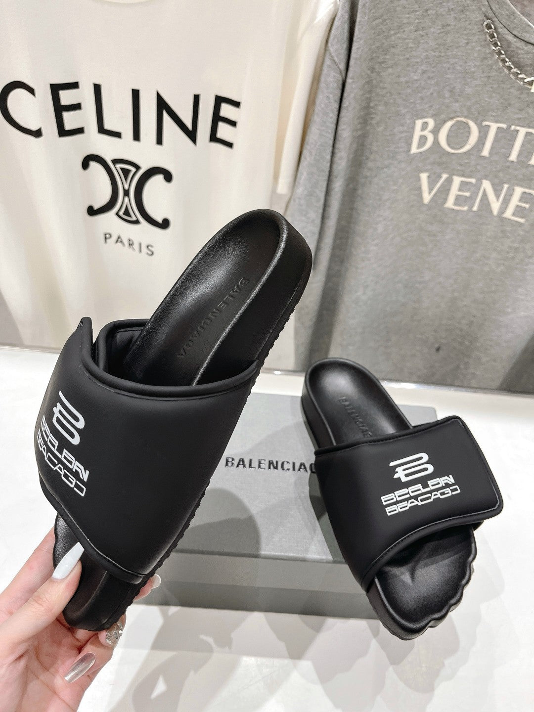 Balanciaga SLIDE SANDALS IN BLACK NYLON AND RUBBER WHITE PRINT