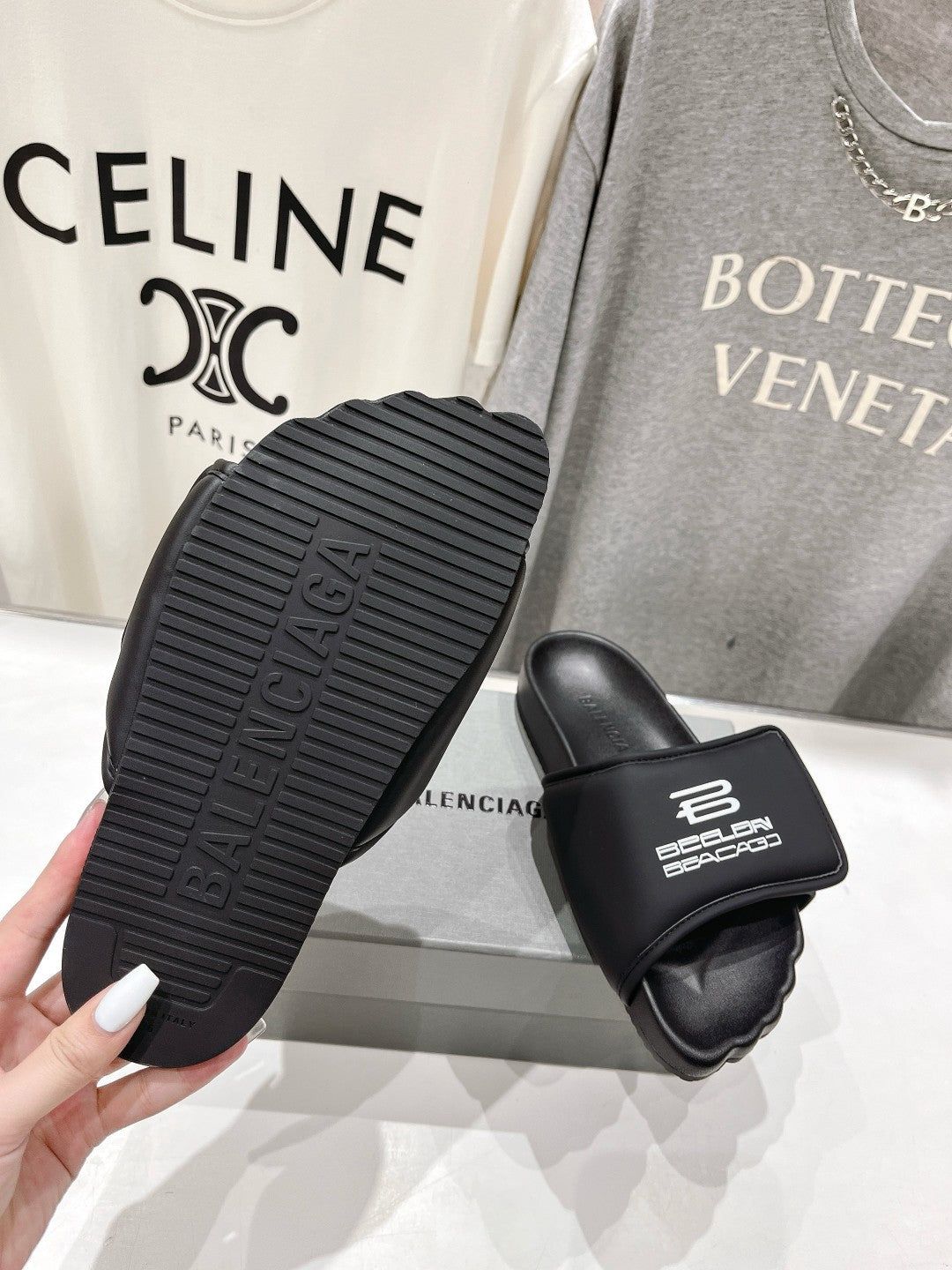 Balanciaga SLIDE SANDALS IN BLACK NYLON AND RUBBER WHITE PRINT