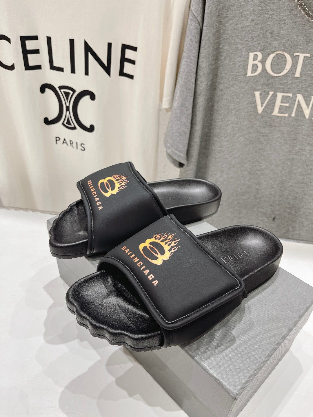Balanciaga SLIDE SANDALS IN BLACK NYLON AND RUBBER YELLOW PRINT