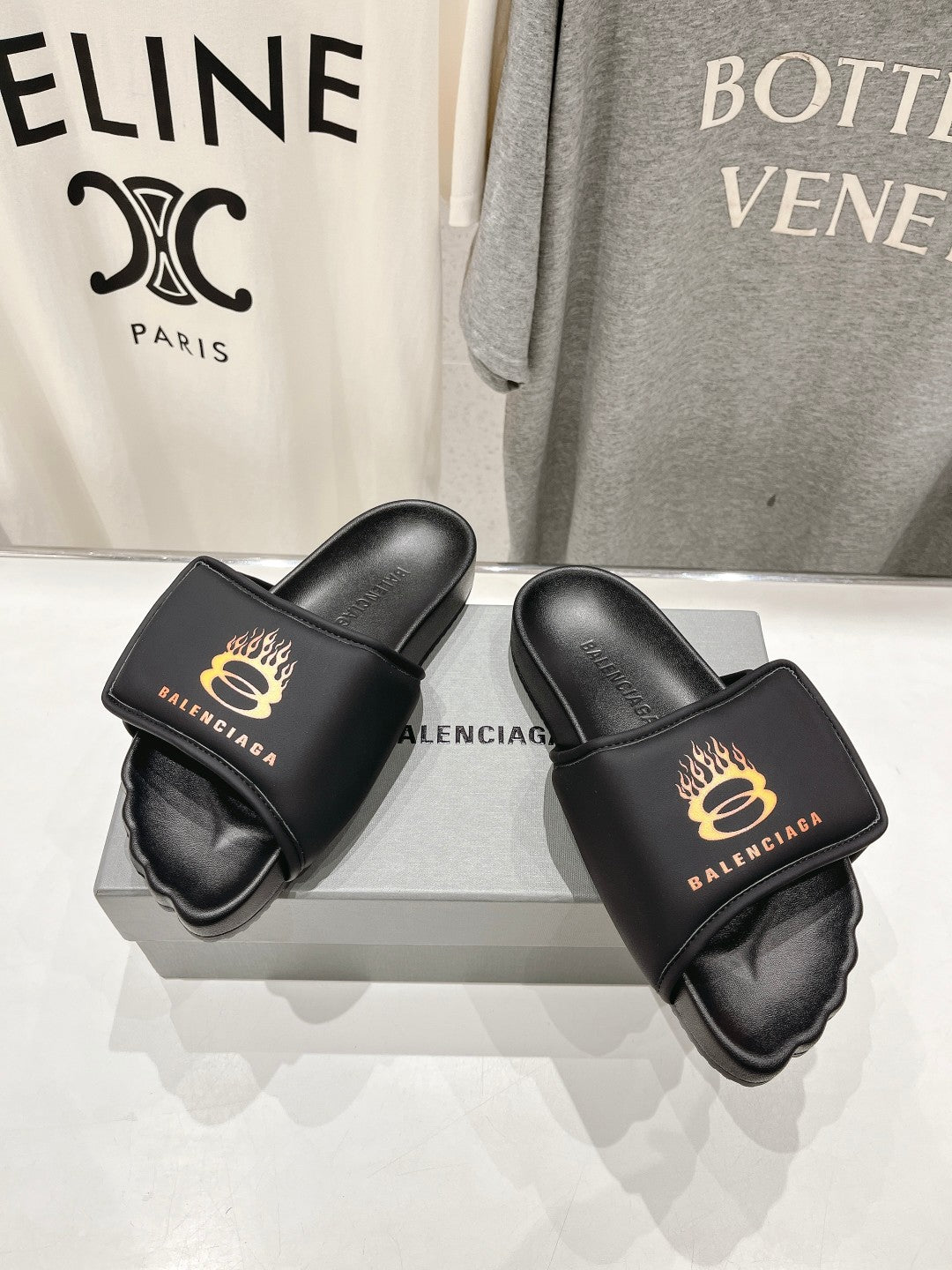 Balanciaga SLIDE SANDALS IN BLACK NYLON AND RUBBER YELLOW PRINT