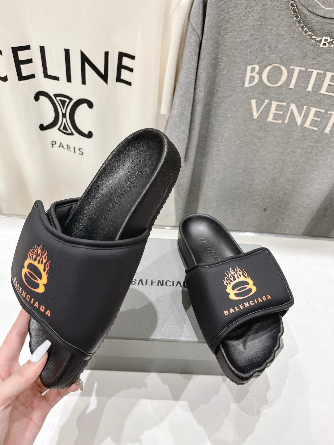 Balanciaga SLIDE SANDALS IN BLACK NYLON AND RUBBER YELLOW PRINT