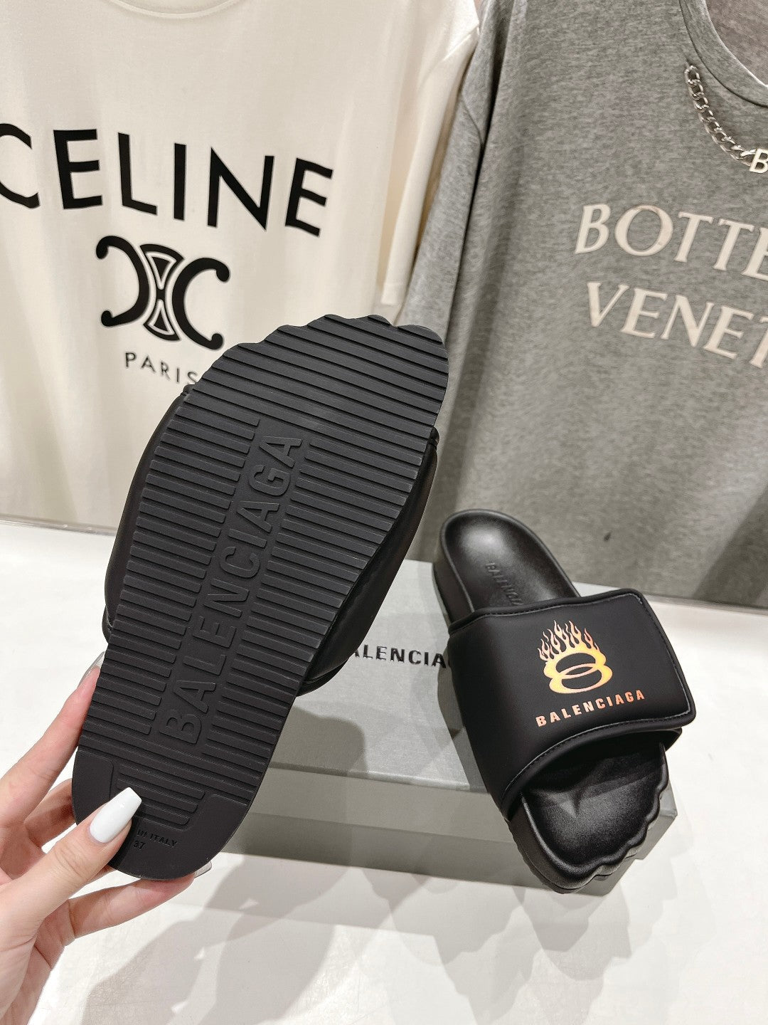 Balanciaga SLIDE SANDALS IN BLACK NYLON AND RUBBER YELLOW PRINT