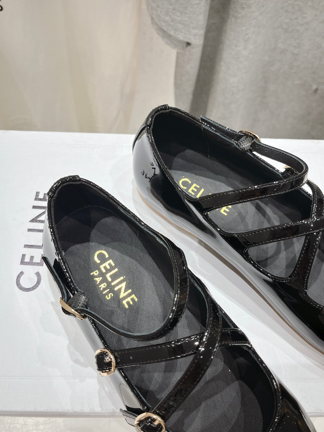 Celine Celin Ballerina Triple Strap Black Patent Calfskin