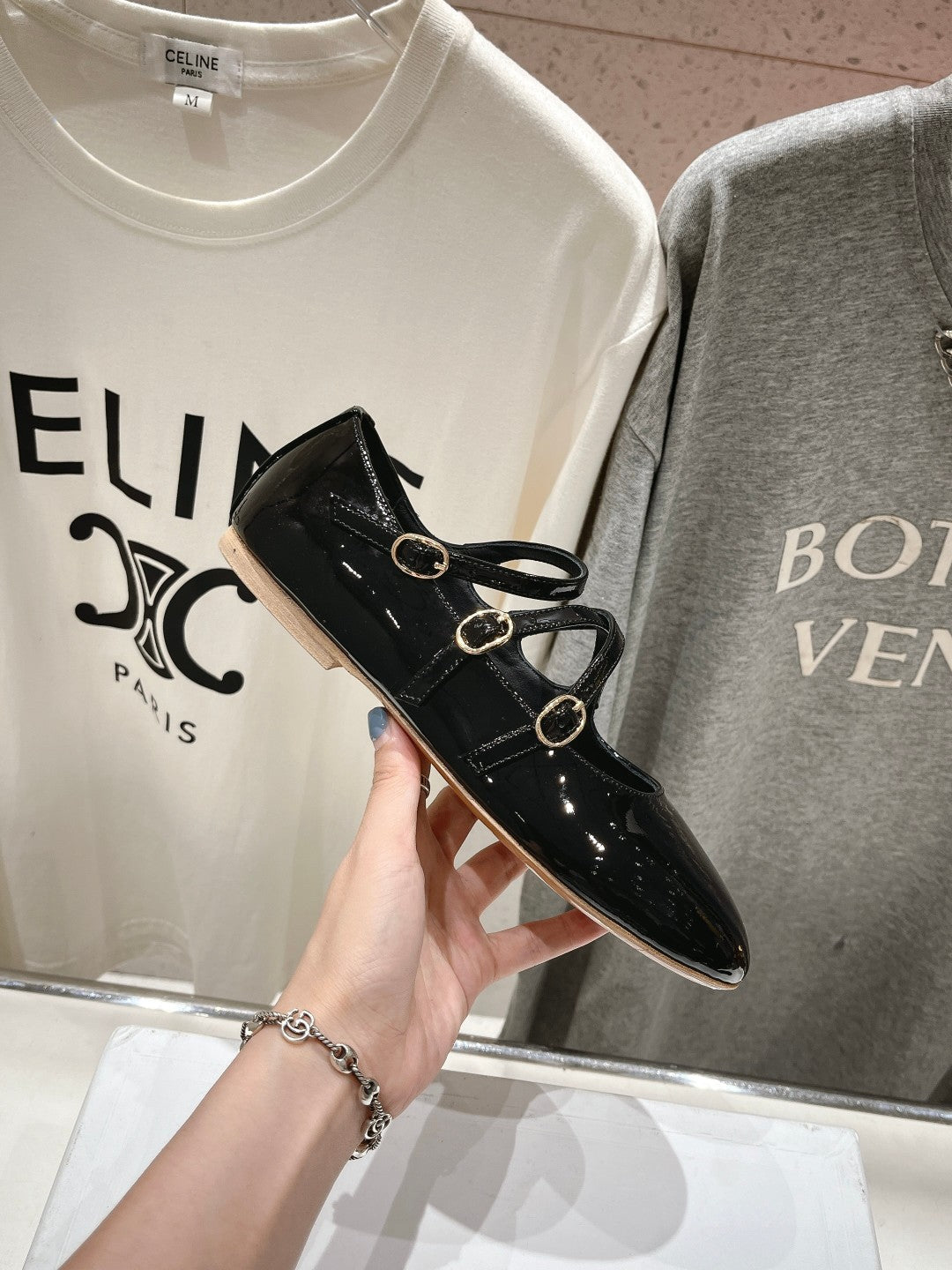 Celine Celin Ballerina Triple Strap Black Patent Calfskin