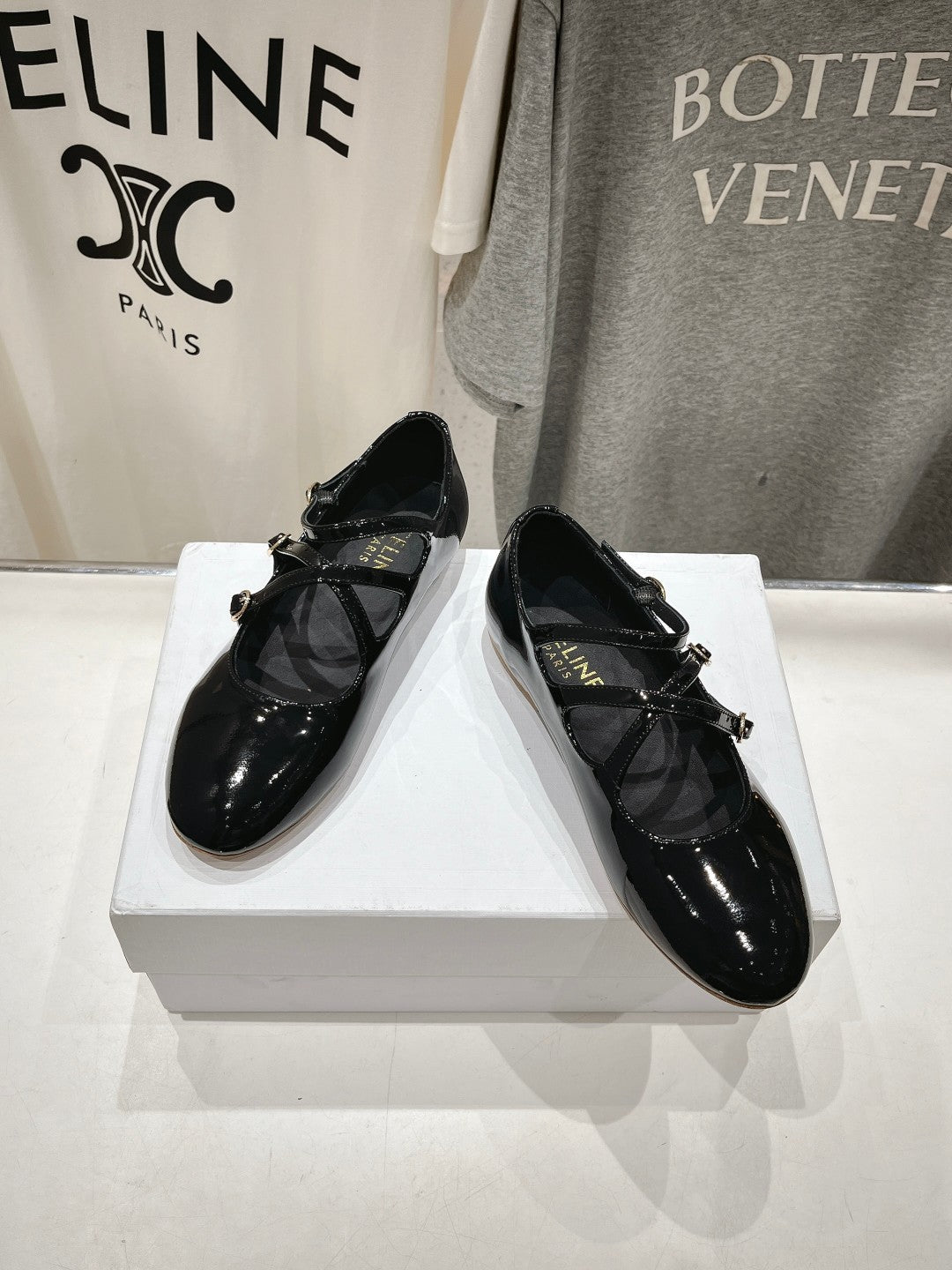 Celine Celin Ballerina Triple Strap Black Patent Calfskin