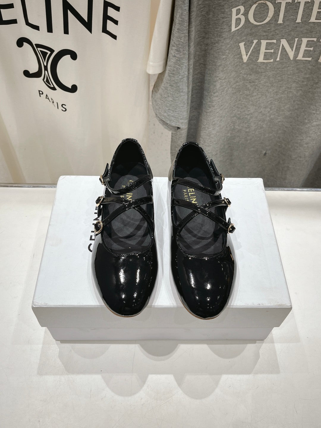 Celine Celin Ballerina Triple Strap Black Patent Calfskin