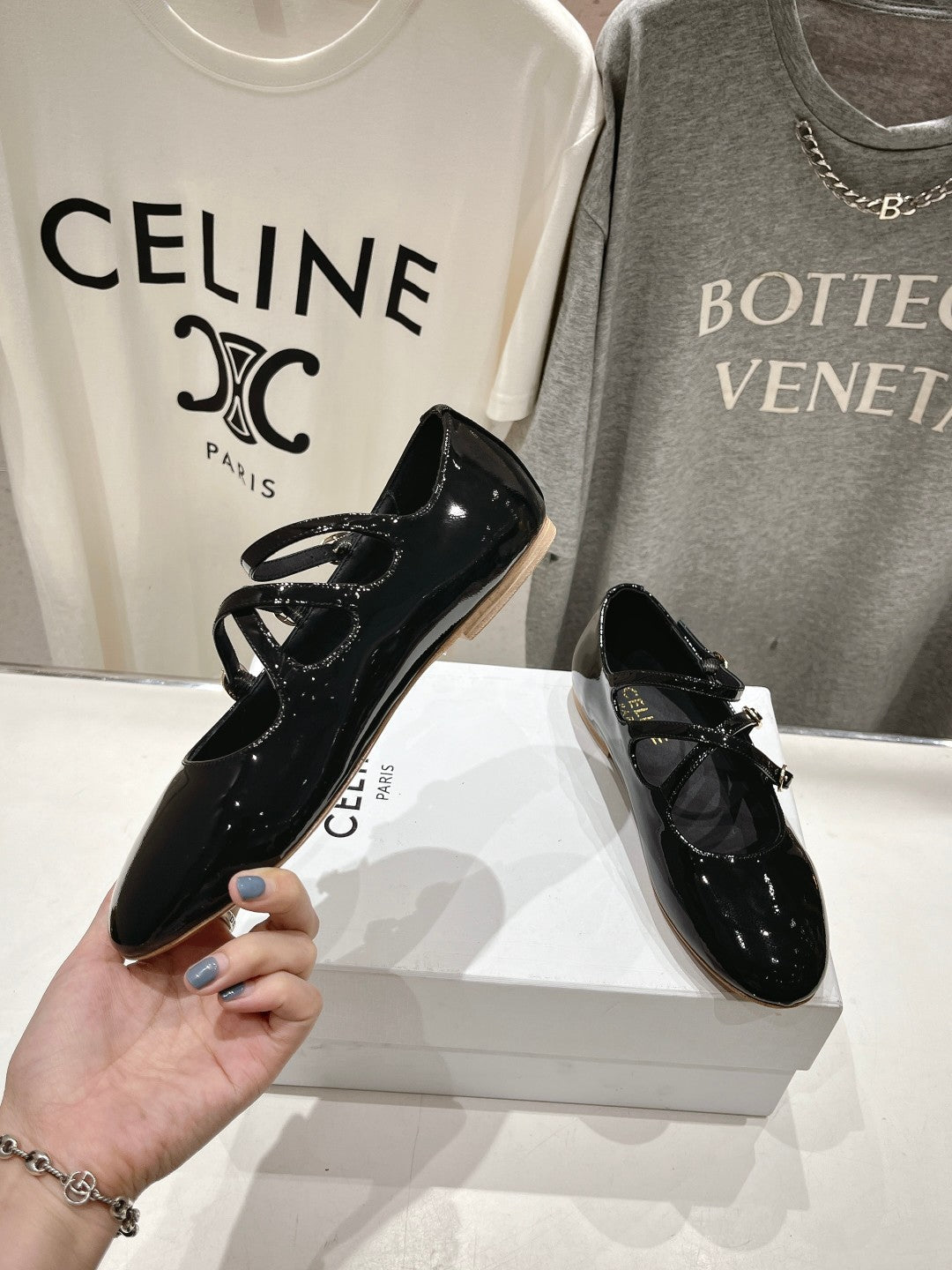 Celine Celin Ballerina Triple Strap Black Patent Calfskin