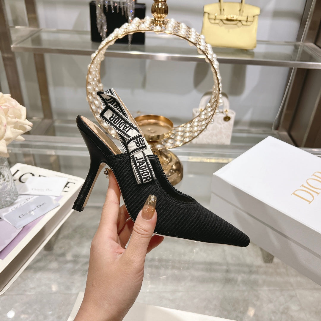 DIOR slingback pumps 95 black embroidered cotton ribbon