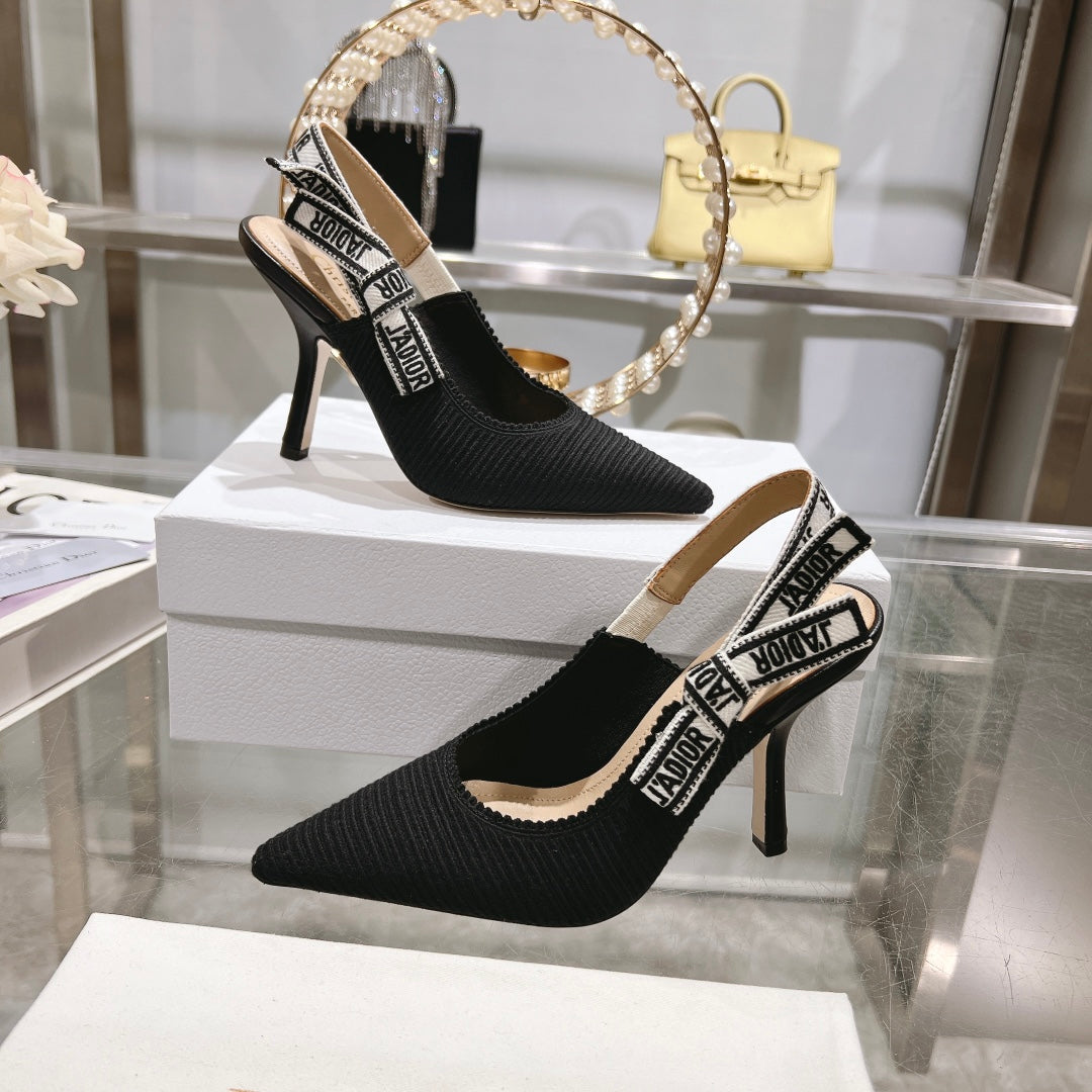 DIOR slingback pumps 95 black embroidered cotton ribbon