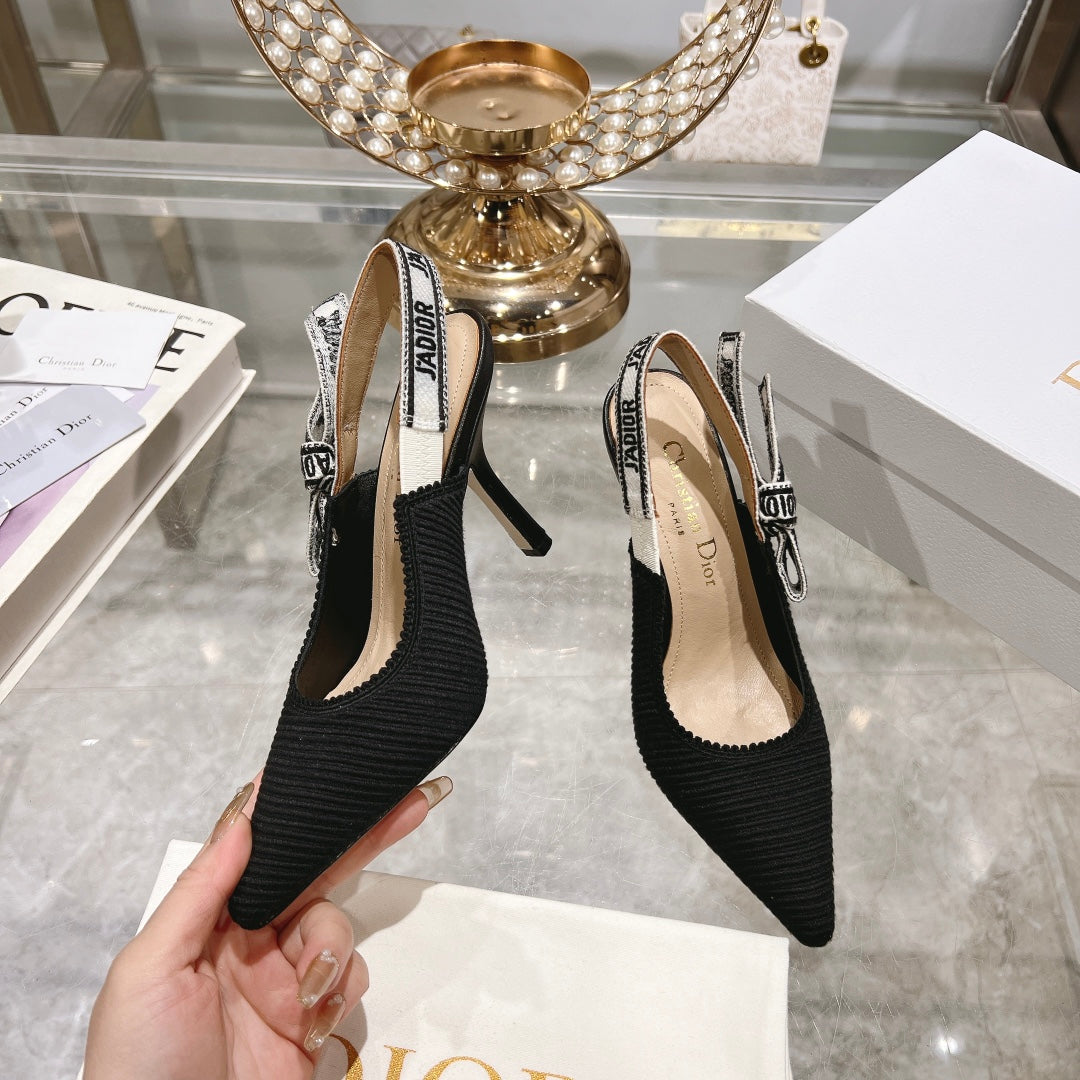 DIOR slingback pumps 95 black embroidered cotton ribbon