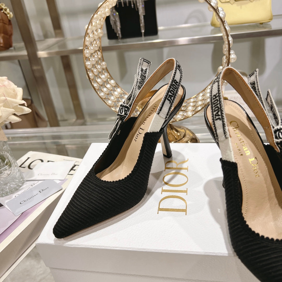 DIOR slingback pumps 95 black embroidered cotton ribbon