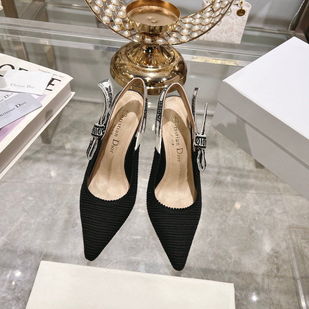 DIOR slingback pumps 95 black embroidered cotton ribbon