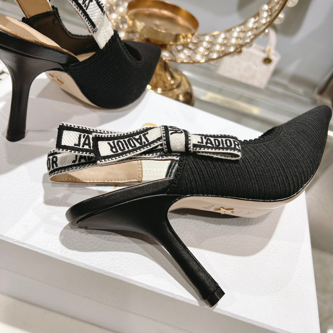 DIOR slingback pumps 95 black embroidered cotton ribbon